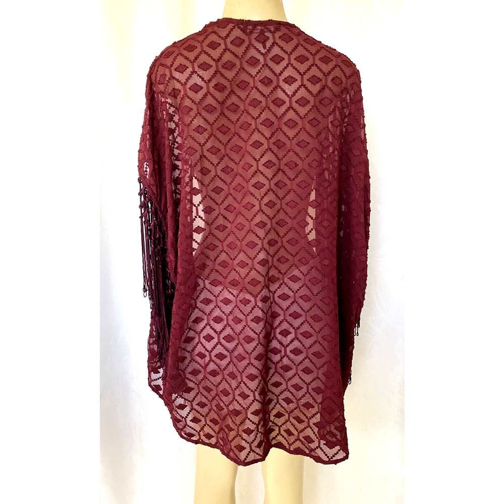 House Of Harlow 1960 Fringe Kimono Tunic Cardigan Burgundy Red Open Fron… - Picture 3 of 5